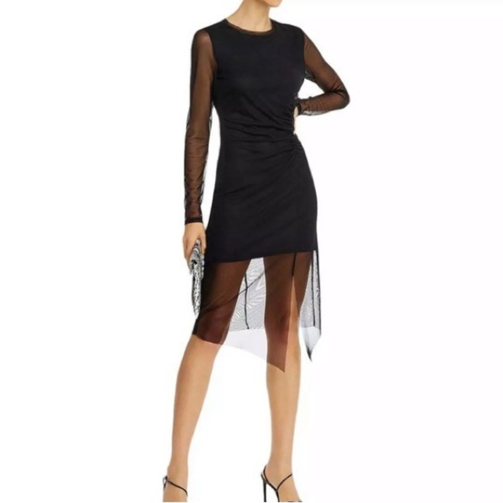 AQUA Dress Sexy Glam Illusion Ruched Knit & Sheer Mini NWT Sz XS